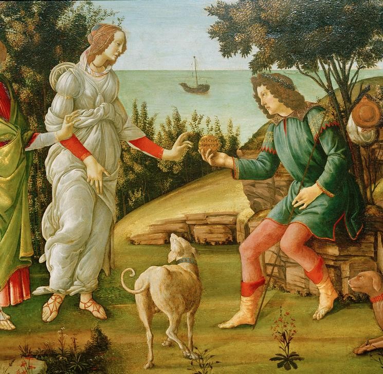 Sandro Botticelli, Das Urteil des Paris (Venus und Paris) (Landschaft, Landschaftsmalerei, Pastorale, Mythologie, Götter, Aphrodite, Athene, Hera, Apfel,  Schönheitswettbewerb, Renaissance, Malerei, Detail,  Klassiker, Wohnzimmer, Wunschgröße, bunt)