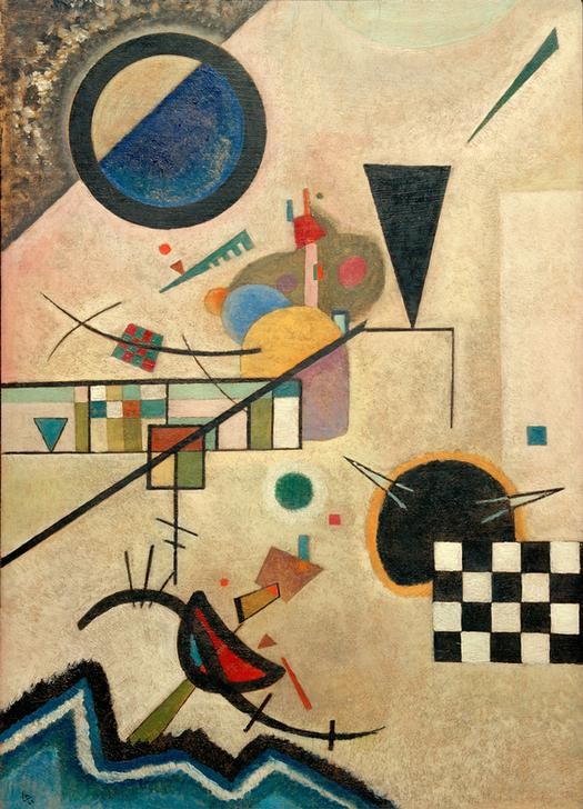 Wassily Kandinsky, Gegenklänge (Bauhaus,Geometrie,Kunst,Musik,Expressionismus,Geometrisch,Der Blaue Reiter,Abstrakte Kunst,Russische Kunst,Kreis,Synästhesie,Dreieck,Abstraktion,Neue Kuenstlervereinigung Muenchen,Viereck,Rechteck,Halbkreis,Form,Farbigkeit,Signatur,Farbe)