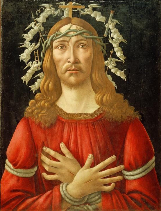 Sandro Botticelli, Christus als Schmerzensmann mit Engelsnimbus (Christus, Dornenkrone, Blut, Leid, Passion,Engel, Nimbus,  Frührenaissance, Neues Testament, Christentum, religiös, Wunschgröße, Malerei, Klassiker, Wohnzimmer, bunt)