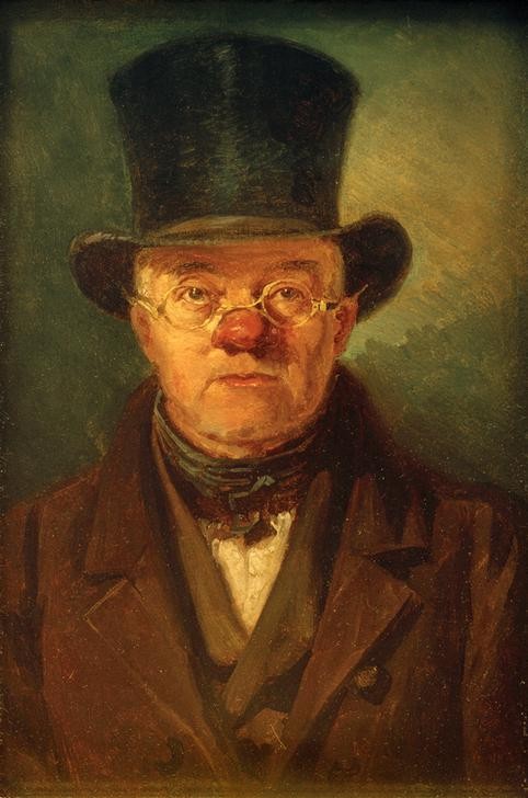 Carl Spitzweg, Mann mit Zylinderhut (Brille,Deutsche Kunst,Herrenhut,Herrenmode,Kunst,Mann,Mensch,Optik,Zylinder (Hut),Hut,Biedermeier,Portrait,Nickelbrille,Nase,Blick Aus Dem Bild,Brustbild,Halsbinde)