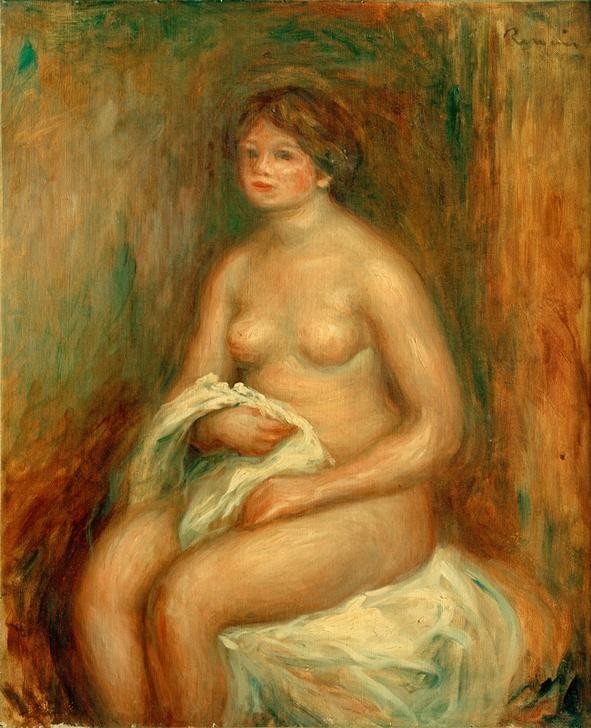 Pierre-Auguste Renoir, La femme à la draperie (Aktmalerei, nackte Frau, Sitzende, weißes Tuch, Impressionismus, klassische Moderne, Wunschgröße, Wohnzimmer, Malerei)