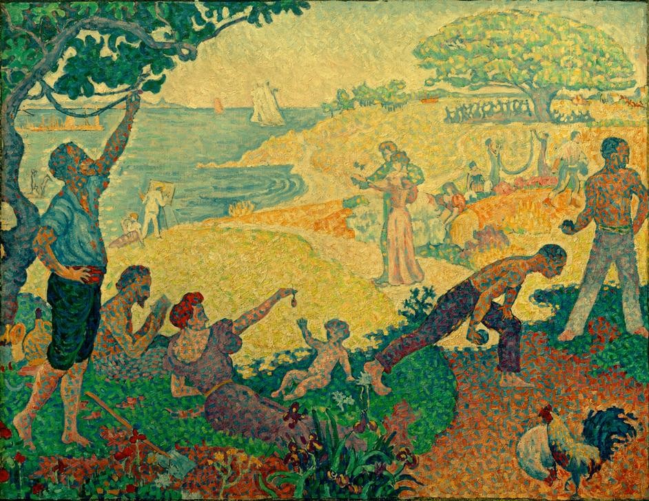 Paul Signac, Die Zeit der Harmonie (Buch,Ernte,Familie,Huhn,Küste,Kunst,Landschaft,Leser,Liebespaar,Mutter Und Kind,Mythologie,Freizeit,Spiel,Vogel,Feige,Pointillismus,Lesen (Allgemein),Boule,Utopie,Goldenes Zeitalter,Französische Kunst,Zeitalter,Glück,Im Freien (Allgemein),Harmonie,Hahn,En)