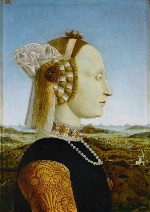 Piero della Francesca , Battista Sforza (Damenmode,Frau,Geschichte,Landschaft,Mädchen,Mode,Schmuck,Perle,Renaissance,Herzogin,Portrait,Perlenkette,Italienische Kunst,Haarschmuck,Profil,Kopf,Halsband,Person,Frisur)