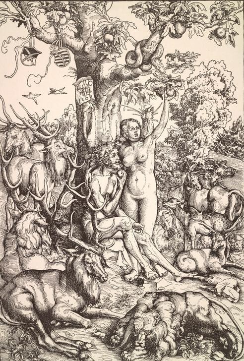 Lucas Cranach der Ältere, Der Sündenfall (Sündenfall, Paradies, Garten Eden, Adam und Eva, Erstes Menschenpaar, Akt, Baum der Erkenntnis, Apfelbaum, Schlange, Tiere, Grafik, Klassiker, Renaissance, Wunschgröße, Wohnzimmer, schwarz/weiß)