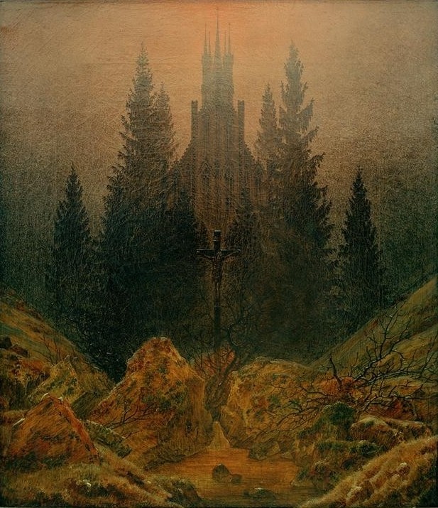 Caspar David Friedrich, Das Kreuz im Gebirge (Christentum,Deutsche Kunst,Gebirge,Kirche,Kreuz,Kunst,Landschaft,Meteorologie,Religion,Tanne,Wetter,Quelle,Baum,Kruzifix,Nebel,Romantik,Baumgruppe,Krakelee,Protestantismus,Folgen Der Reformation,Kathedrale)