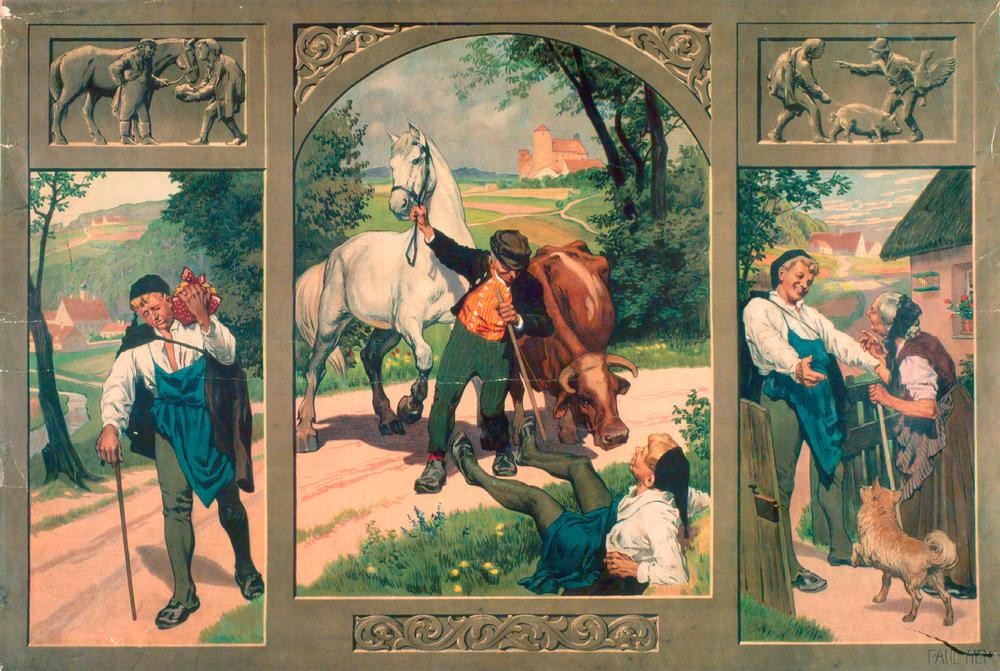 Paul Hey, Hans im Glück (DEUTSCHE KUNST, LITERATUR, MÄRCHEN, MÜLLER, TAUSCHHANDEL, WANDERSCHAFT, MUTTER UND SOHN, HEIMKEHR, SCHULWANDBILD)