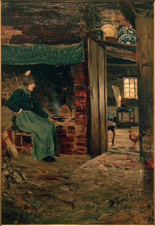 Hans Peter Fedderson, Die alte Sösk am Herd (Genremalerei, Interieur, Hofleben, Herd, Küche, Herd, alte Frau, bäuerlich, Impressionismus, Wunschgröße, Wohnzimmer, Klassiker)