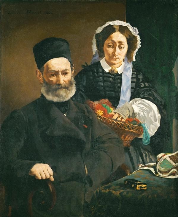 Edouard Manet, Monsieur et Madame Auguste Manet (Ehepaar,Frau,Beamter,Jurist,Kopfbedeckung,Mann,Alter,Impressionismus,Portrait,Melancholie,Hausmantel,Gestik,Mutter Von Berühmten,Bürgertum,Französische Kunst,Jugend Und Alter,Paar,Vater Von Berühmten,Vollbart,Zweites Kaiserreich (1852-1870),Eltern,Alter M)