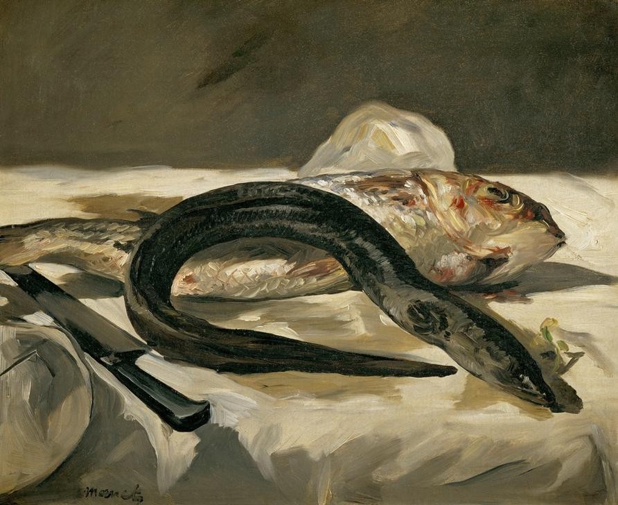 Edouard Manet, Anguille et rouget (Kunst,Wasser,Impressionismus,Nahrungsmittel,Fisch,Stillleben,Französische Kunst,Tier,Aal,Barbe,Vier Elemente)