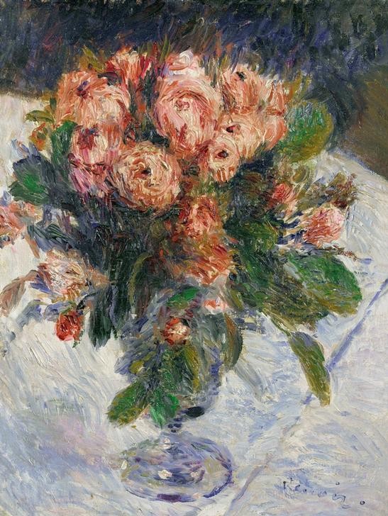 Pierre-Auguste Renoir, Roses mousseuses (Stillleben, Rosen, Blumen, Blüten, Blumenstrauss, Vase, Glasvase, Impressionismus, klassische Moderne, Wunschgröße, Esszimmer, Wohnzimmer, Malerei)