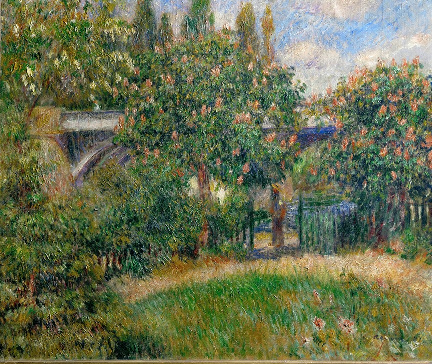 Pierre-Auguste Renoir, Le pont du chemin de fer a Chatou (Baumblüte,Brücke,Eisenbahnbrücke,Eisenbahn,Kastanie,Landschaft,Transport,Impressionismus,Baum,Französische Kunst,Blume,Kastanienbaum)