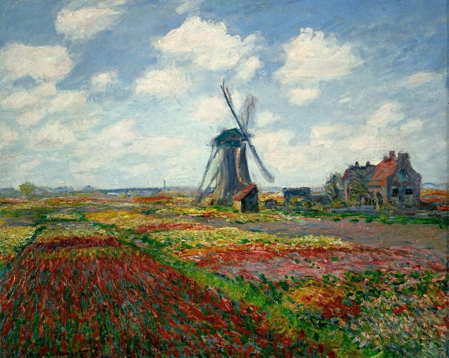 Claude Monet, Champs de tulipes en Hollande (Botanik,Landschaft,Mühle,Tulpe,Windmühle,Impressionismus,Wind,Französische Kunst,Feld,Gärtnerei,Blume,Blumenzucht,Landwirtschaft)