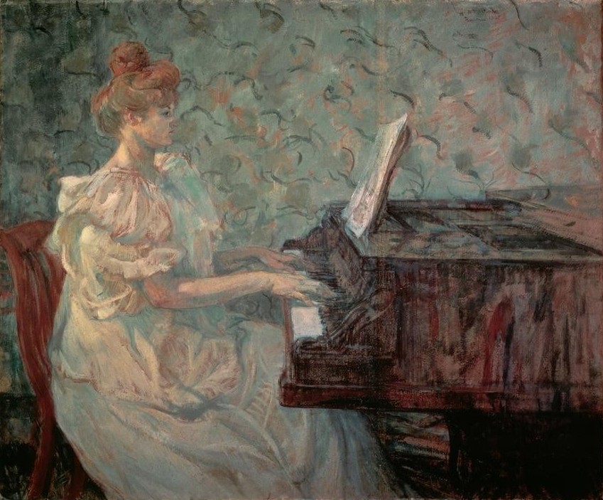 Henri de Toulouse-Lautrec, Misia Natanson am Flügel (Damenmode,Frau,Musik,Pianistin,Impressionismus,Instrument,Klavier Und Flügel,Portrait,Französische Kunst,Kleid,Klavierspiel,Jahrhundertwende,Damenfrisur,Person,Flügel (Instrument),Frisur)