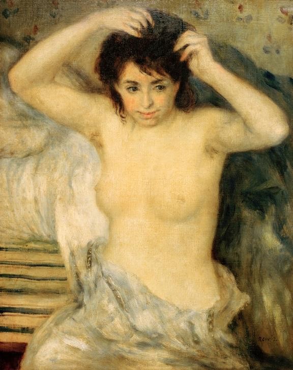 Pierre-Auguste Renoir, Buste de femme (Frau,Impressionismus,Akt,Busen,Französische Kunst,Halbakt,Haarekämmen)