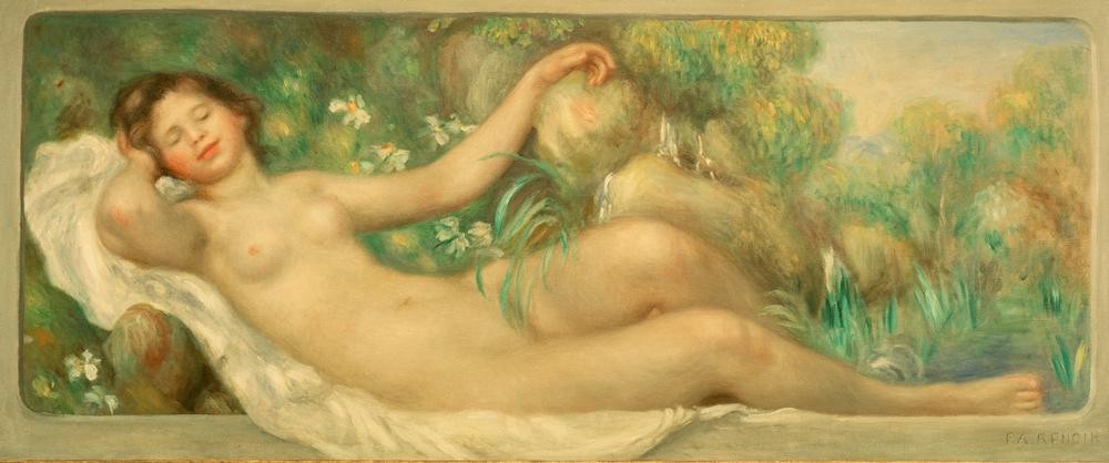 Pierre-Auguste Renoir, La source (Bad Im Freien,Frau,Mythologie,Wasser,Nymphe,Impressionismus,Akt,Allegorie,Quelle,Französische Kunst,Liegen,Elementargeister,Personifizierung,Schlafen (Schlaf),Griechisch-Römische Mythologie)