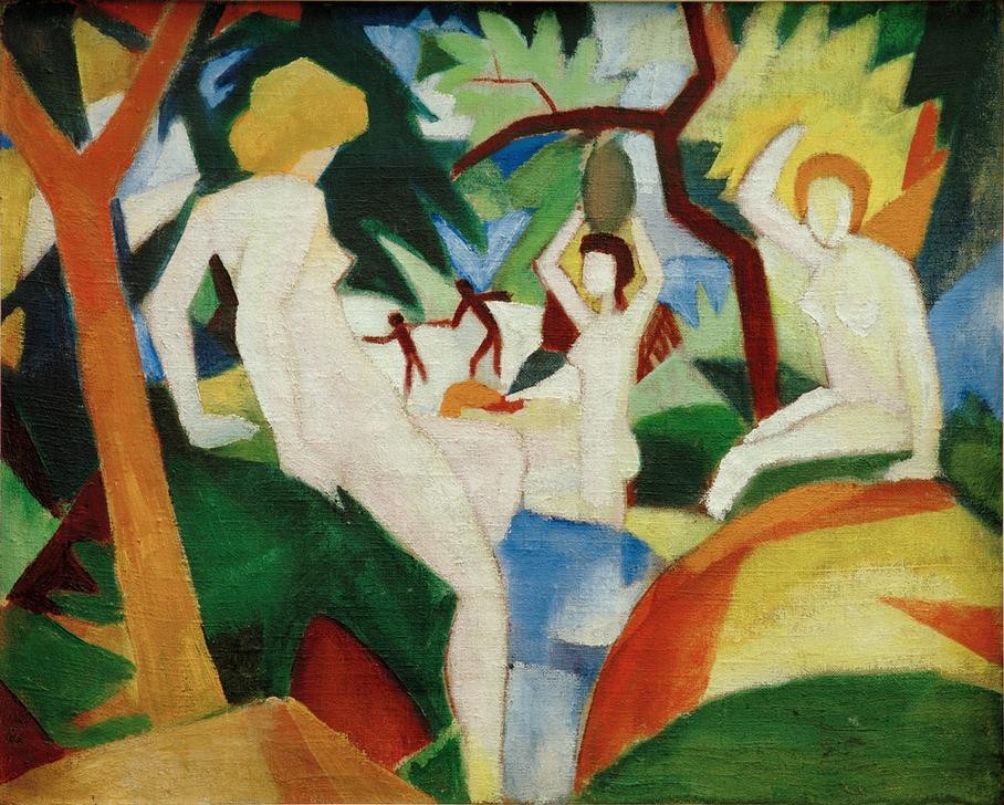 August Macke, Badende Frauen (Körperpflege,Bad Im Freien,Bad,Deutsche Kunst,Erotik,Freikörperkultur,Frau,Kunst,Freizeit,Akt,Expressionismus,Der Blaue Reiter,Entwurf,Im Freien (Allgemein),Nacktheit,Frauenleben,Ganzfigurig)