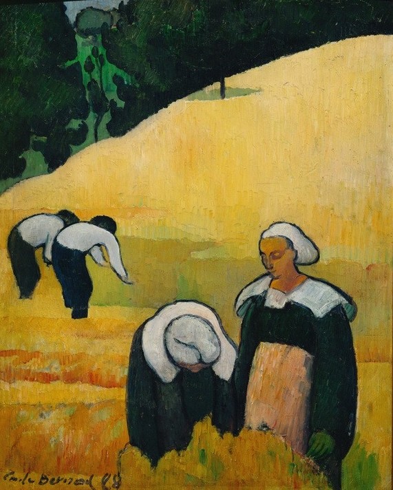 Emile Bernard, La moisson ou Paysage breton (Ernte, Landarbeiter, Landschaft, Bauern, Französische Kunst, Landleben, Schule von Pont-Aven,  Malerei, Cloisonismus, Klassische Moderne, Wohnzimmer, Wunschgröße, bunt)