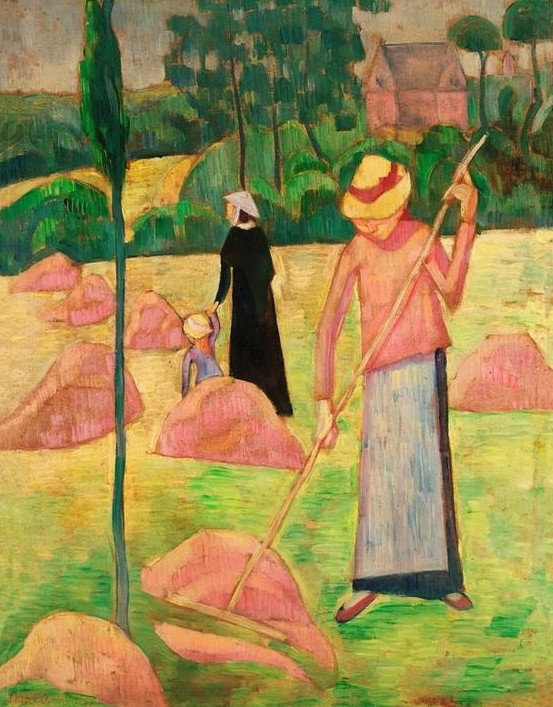 Pierre Bonnard, Frau mit Rechen (Feldarbeit, Landarbeit, Heuhaufen, Frau mit Kind, Arbeiterin, Landwirtschaft, Post-Impressionismus,  Wohnzimmer, Wunschgröße, Klassische Moderne,)