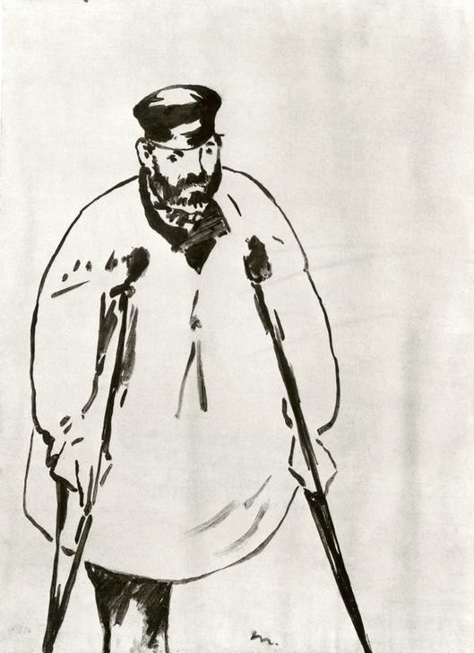 Edouard Manet, Ein Mann an Krücken (Gesellschaft,Krücken,Mann,Prothese,Soziales,Portrait,Invalide,Studie,Französische Kunst,Halbfigur,Beinprothese)
