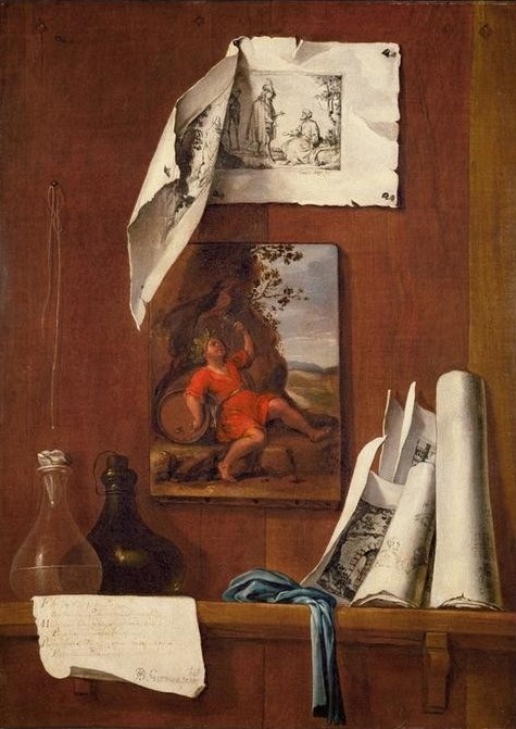 Bernardo German y Llorente, Stilleben als trompel’oeil: Der Wein. Allegorie auf den Ges (Kunst,Wein,Barock,Trinken,Allegorie,Bild Im Bild,Stillleben,Regal,Fünf Sinne,Trompe L'oeil,Spanische Kunst,Getränk,Geschmackssinn)