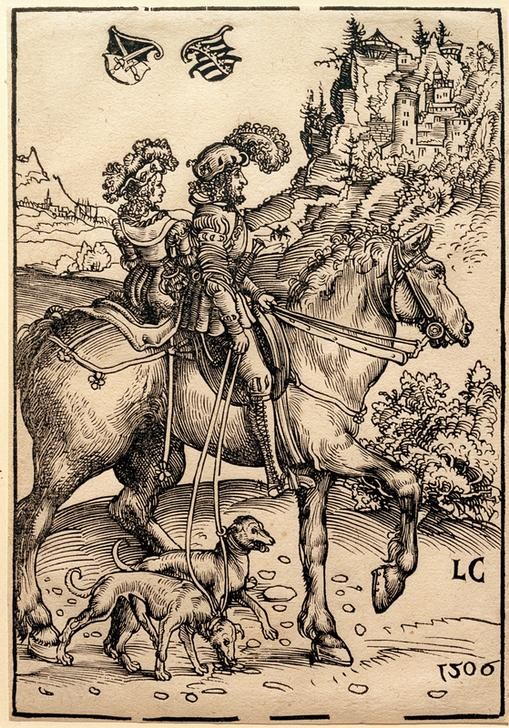 Lucas Cranach der Ältere, Adeliges Paar zu Pferd (Reiter, Pferd, Jagdhunde, Adel, Gesellschaft, Heraldik, Wappen, Landschaft, Burg, Grafik,  Klassiker, Renaissance, Wunschgröße, Wohnzimmer, schwarz/weiß)