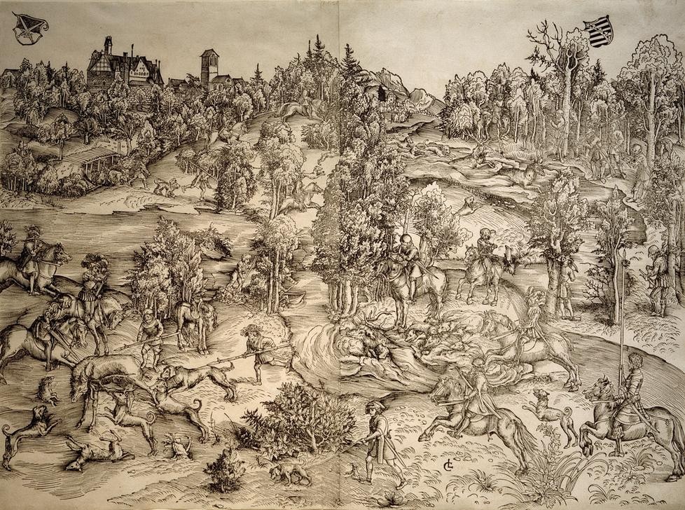 Lucas Cranach der Ältere, Kurfürstlich-sächsische Hirschjagd (Jadtd, Jäger, Pferde, Hunde, Adel, Gesellschaft, Hirsche,  Heraldik, Länderwappen, Landschaft,Grafik,  Klassiker, Renaissance, Wunschgröße, Wohnzimmer, schwarz/weiß)