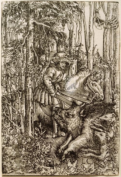 Lucas Cranach der Ältere, Jäger im Wald zu Pferd auf Wildschweinjagd (Jäger, Schwert, Wildschwein, Keiler, Jagdhunde, Wald, Pferd, Heraldik, Länderwappen, Landschaft,  Grafik,  Klassiker, Renaissance, Wunschgröße, Wohnzimmer, schwarz/weiß)