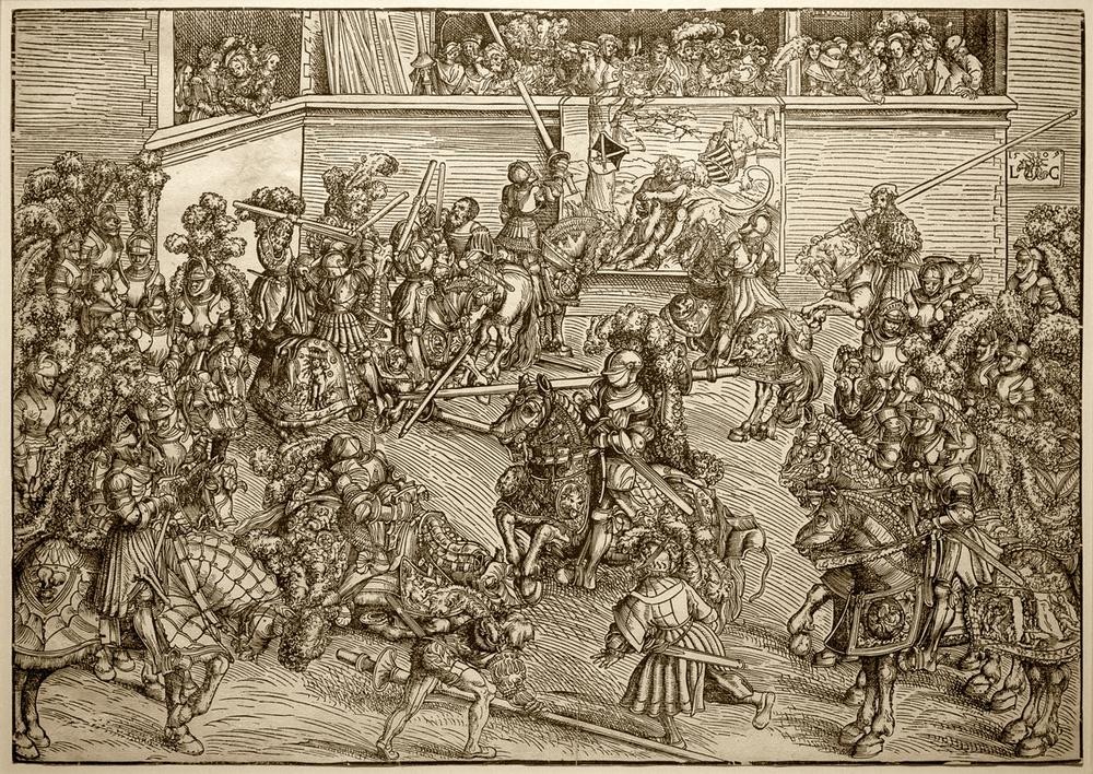 Lucas Cranach der Ältere, Turnier, zwei Zweikämpfe mit Lanzen und Schwertern (Turnier, Ereignis, Event, Ritter, Pferde, Getümmel, Feste, Gesellschaft, Waffen, Reiter, Höfisch, Lanzen, Wettkampf,  Grafik,  Klassiker, Renaissance, Wunschgröße, Wohnzimmer, schwarz/weiß)