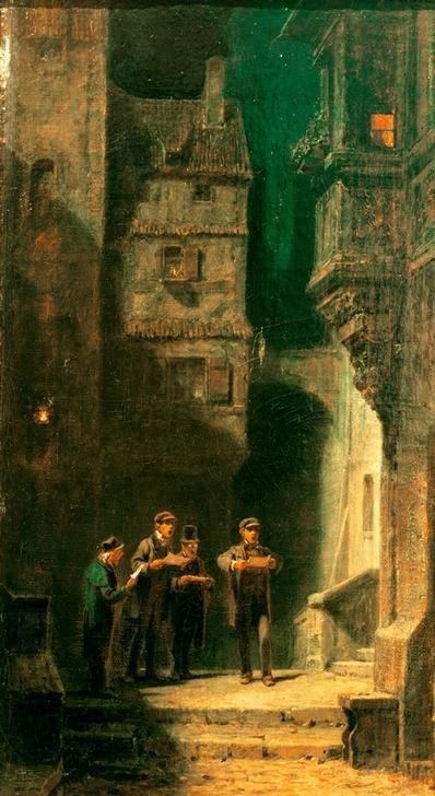 Carl Spitzweg, Das Quartett (Altstadt,Deutsche Kunst,Gesang,Konzert,Musik,Quartett (Musik),Ständchen,Strassenszene,Szene,Abend,Kleinstadt,Huldigung,Gasse)