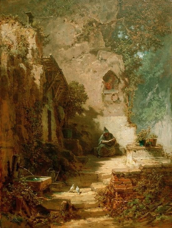 Carl Spitzweg, Der Einsiedler (Christentum,Deutsche Kunst,Kirche,Religion,Realismus,Lesen (Allgemein),Mönch,Eremit,Einsiedelei,Sonnenschein)