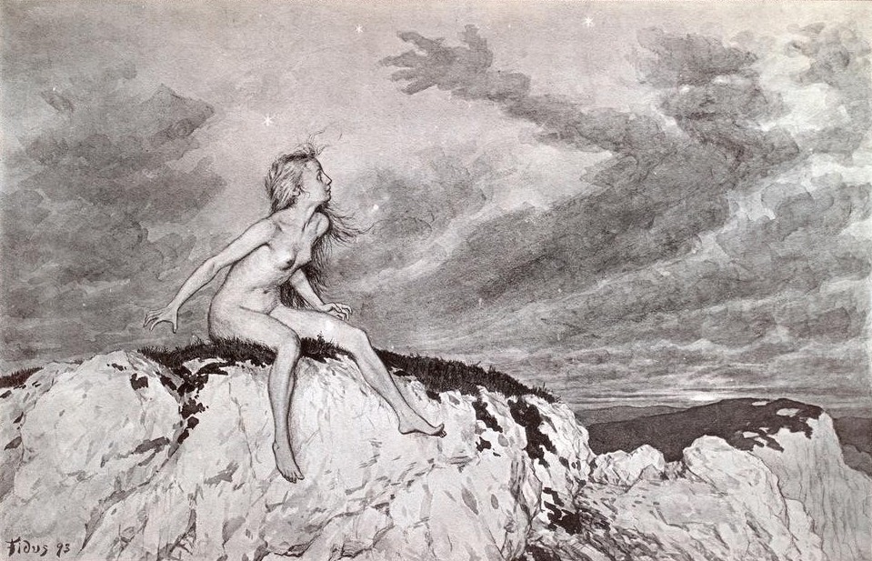 Fidus, Der Wolkenmann (Deutsche Kunst,Freikörperkultur,Jugendstil,Kind,Kunst,Mädchen,Mythologie,Wolke,Akt,Lebensreform,Wolkenbild,Volksglaube,Wolkengespenst)