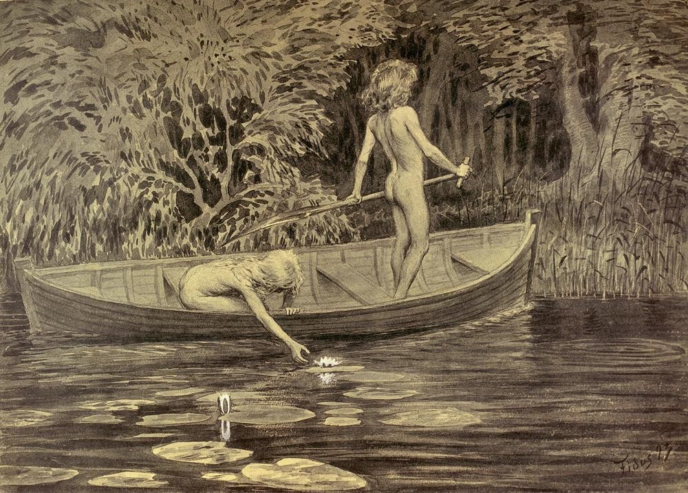Fidus, Wasserrosen (Bootspartie,Deutsche Kunst,Freikörperkultur,Jugendstil,Kind,Kunst,Rudern,Akt,Seerose,Lebensreform,Blumenpflücken,Kinderleben)