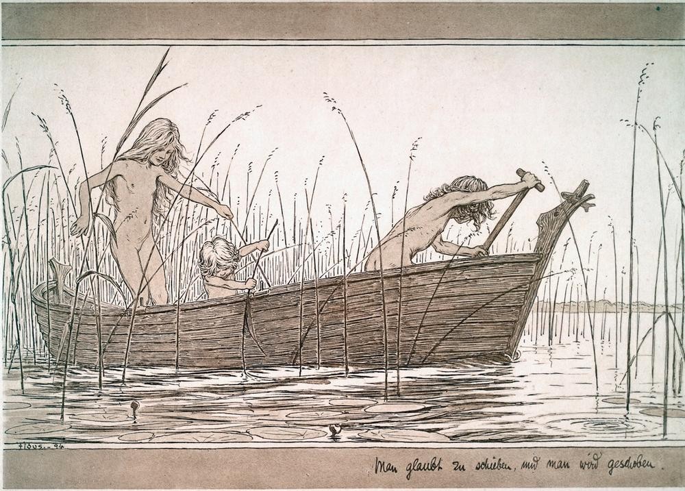 Fidus, Man glaubt zu schieben, und man wird geschoben (Bootspartie,Deutsche Kunst,Freikörperkultur,Jugendstil,Kahn,Kind,Kunst,Rudern,Lebensreform,Kinderleben)