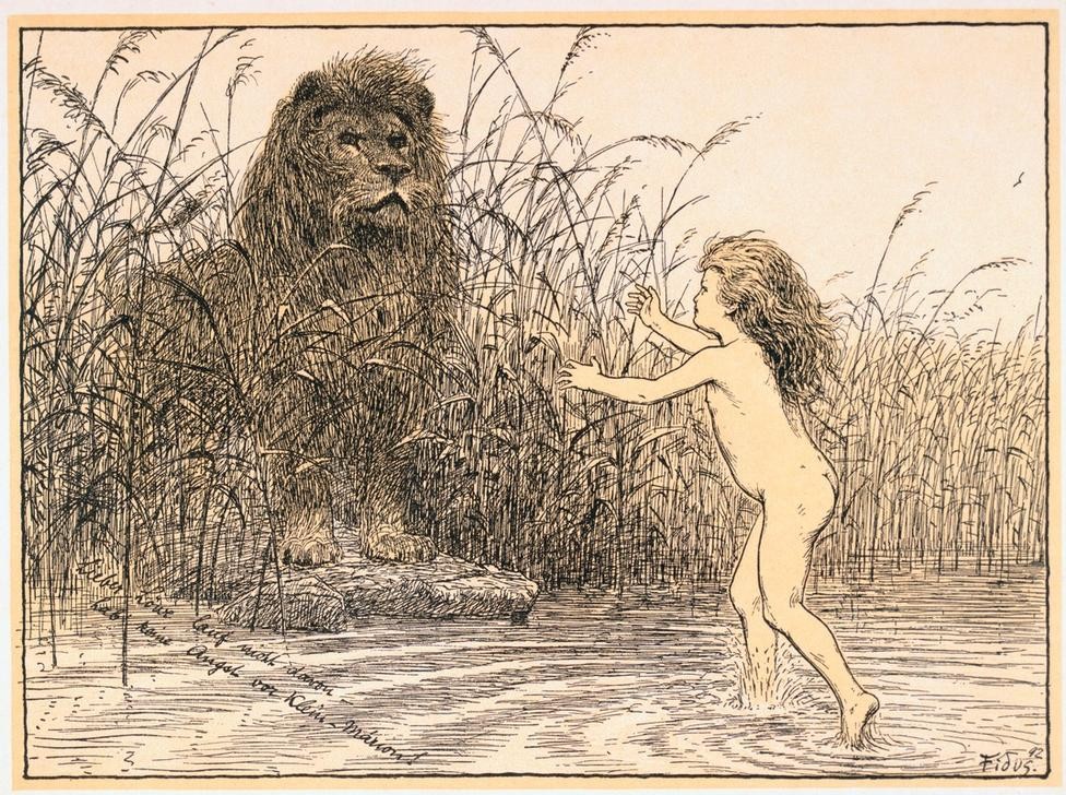 Fidus, Lieber Löwe lauf nicht davon / hab’ keine Angst vvor Klein-Marion! (Deutsche Kunst,Jugendstil,Kind,Kunst,Löwe (Tier),Mädchen,Akt,Kind Und Tier,Gefressenwerden,Lebensreform,Lebensgefahr)