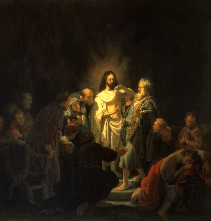 Rembrandt Harmenszoon van Rijn, Der ungläubige Thomas (Christentum,Religion,Neues Testament,Bibel,Wunde,Jünger,Helldunkel,Niederländische Kunst,Holländische Kunst)
