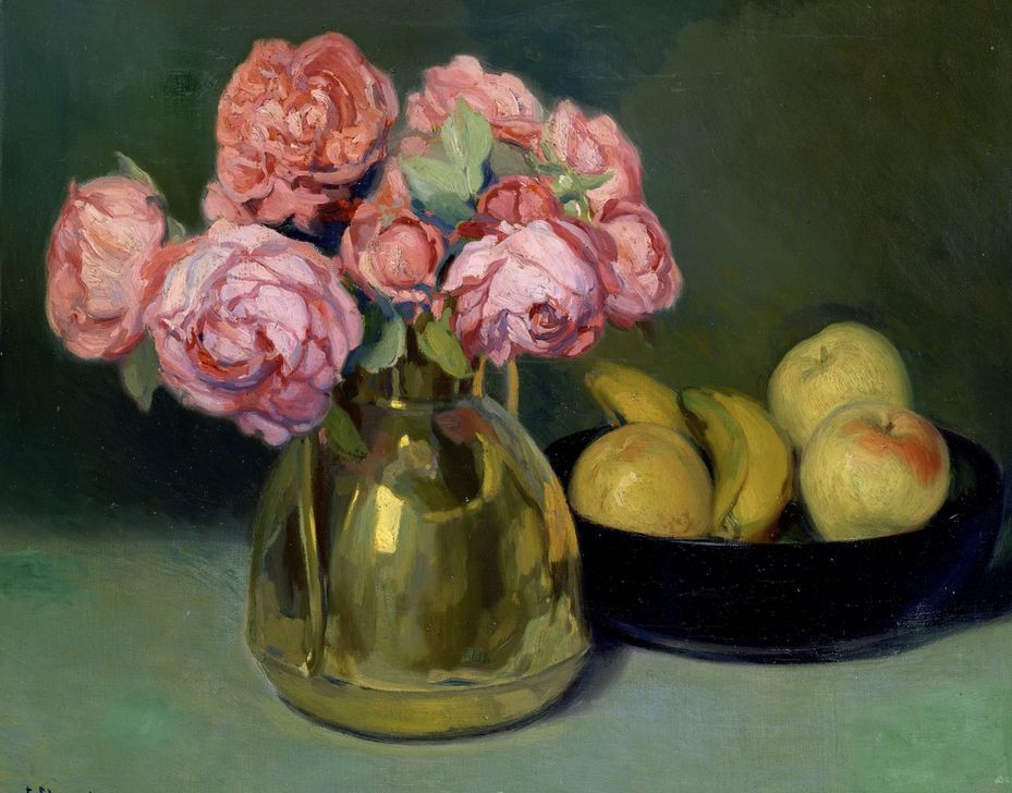 Francisco Llorens Diaz, BODEGON DE FLORES Y FRUTAS (Stillleben, Blumenvase, Messingvase, Rosen, Obstschale, klassische Moderne, Esszimmer, Wohnzimmer, Impressionismus Wunschgröße, Malerei)