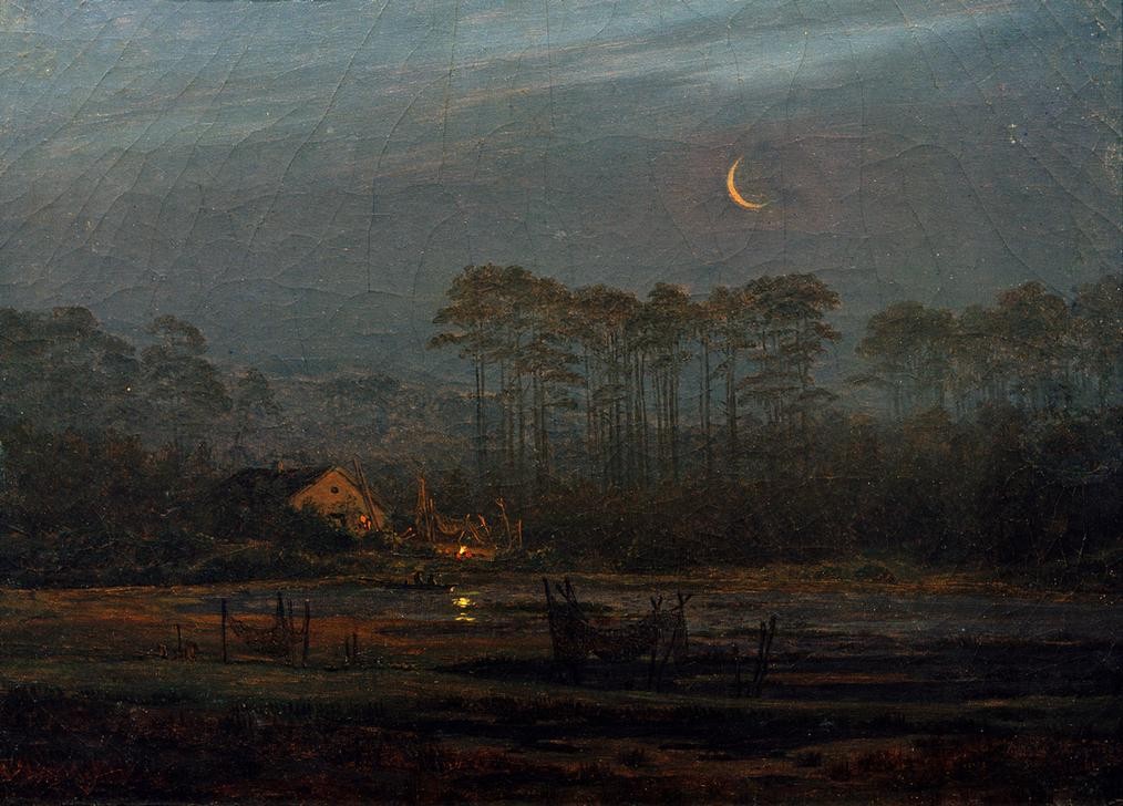 Caspar David Friedrich, Einsames Haus am Kiefernwald (Deutsche Kunst,Haus,Kunst,Landschaft,Mond,Wald,Nadelwald,Nacht,Kiefer (Baum),Einsamkeit,Mondsichel,Romantik,Mondschein,Halloween,Nadelbaum)