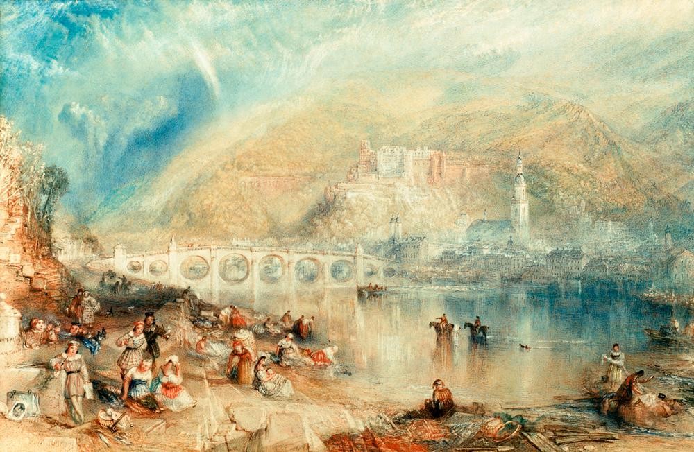 JOSEPH MALLORD WILLIAM TURNER, Heidelberg mit einem Regenbogen (Brücke,Geographie,Gesellschaftliches Leben,Schloss,Student,Reiter,Pfeife (Tabak),Rauchen,Fluss,Stadtansicht,Englische Kunst,Wäsche,Ufer,Frauenleben,Romantik,Topographie,Wäscherin,Alltag)
