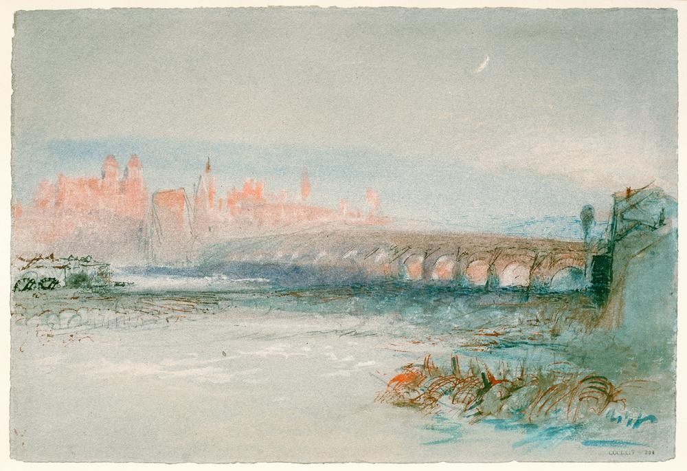 JOSEPH MALLORD WILLIAM TURNER, Regensburg von jenseits der Donau aus gesehen (Brücke,Geographie,Stadtansicht,Englische Kunst,Topographie)