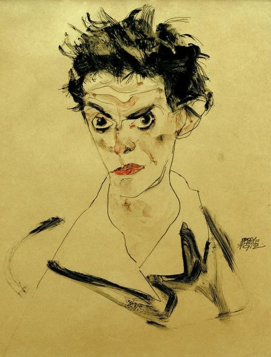Egon Schiele, Selbstbildnis, Schulterbüste (Künstler,Maler (Künstler),Mann,Zeichner,Selbstbildnis,Portrait,Expressionismus,Österreichische Kunst,Person)