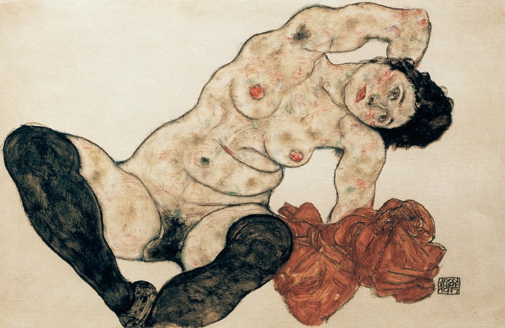 Egon Schiele, Liegender Akt mit gelbem Handtuch (Frau,Pornographie,Akt,Expressionismus,Österreichische Kunst,Vulva,Damenstrumpf,Liegen)