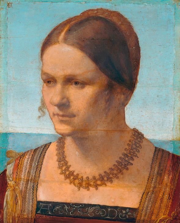 Albrecht Dürer, Bildnis einer jungen Venezianerin (Damenmode,Deutsche Kunst,Frau,Kunst,Mensch,Mode,Schmuck,Renaissance,Portrait,Halskette,Junge Frau,Mittelscheitel,Brustbild,Frisur)