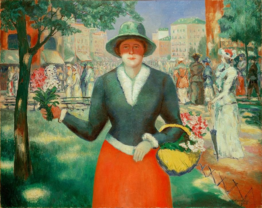 Kasimir Malewitsch, Blumenmädchen (Frau Und Beruf,Frau,Handel,Kopfbedeckung,Mode,Strassenhandel,Strassenszene,Szene,Hut,Hand,Gestik,Russische Kunst,Korb,Blumenverkäuferin,Blumenkorb,Blume,Jahrhundertwende)