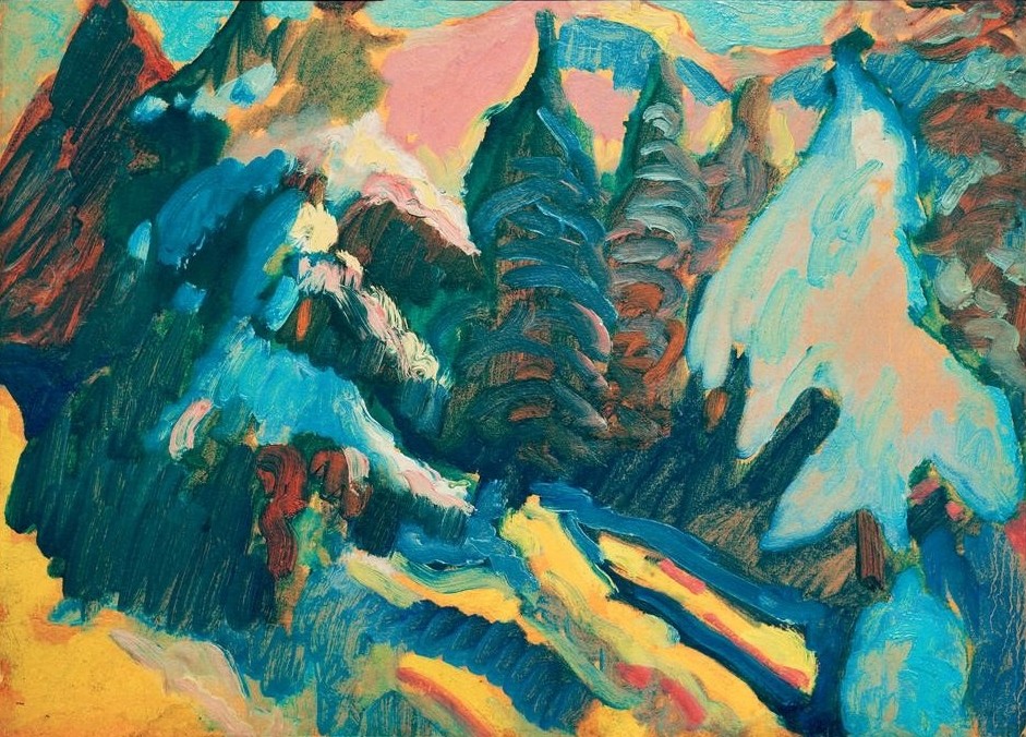 Wassily Kandinsky, Kochel – Verschneite Bäume (Gebirge,Landschaft,Winter,Schnee,Russische Kunst)
