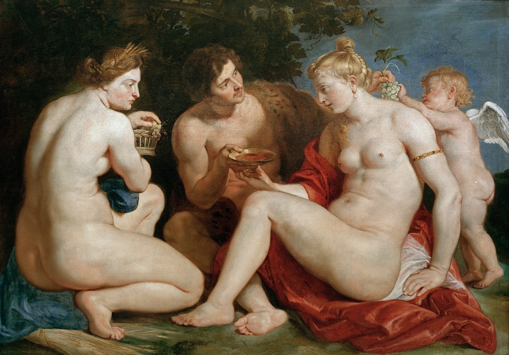 Peter Paul Rubens, Venus, Amor, Bacchus und Ceres (Flämische Kunst,Frau,Mythologie,Sprichwort,Wein,Barock,Akt,Niederländische Kunst,Sprichwörter Und Redensarten,Griechisch-Römische Mythologie)