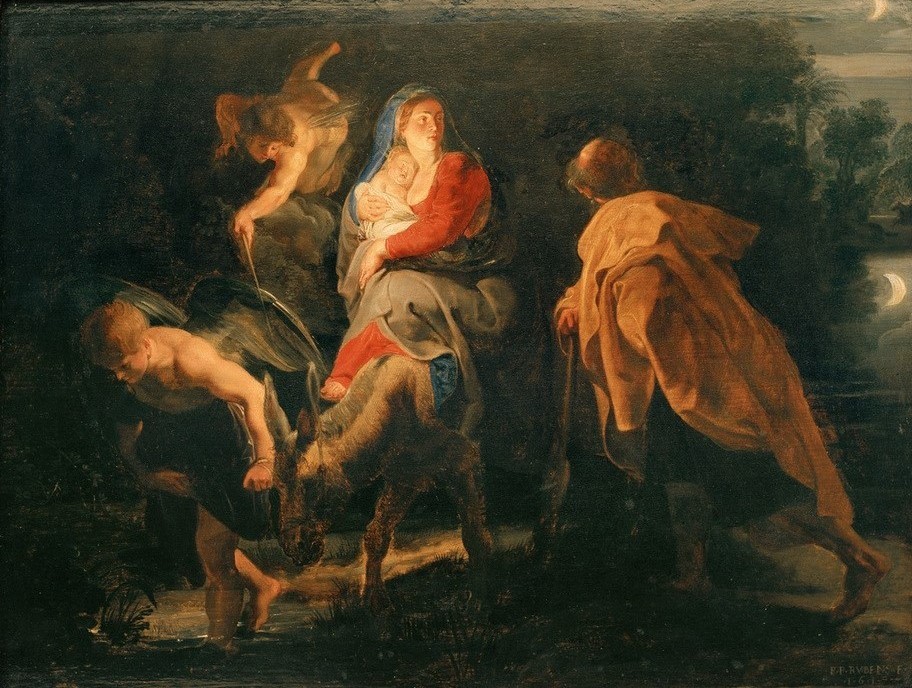Peter Paul Rubens, Die Flucht nach Ägypten (Christentum,Engel,Flämische Kunst,Mond,Religion,Nacht,Barock,Heilige Familie,Esel,Neues Testament,Bibel,Flucht Nach Ägypten,Niederländische Kunst,Jesusknabe,Reiten,Kindheit Jesu)
