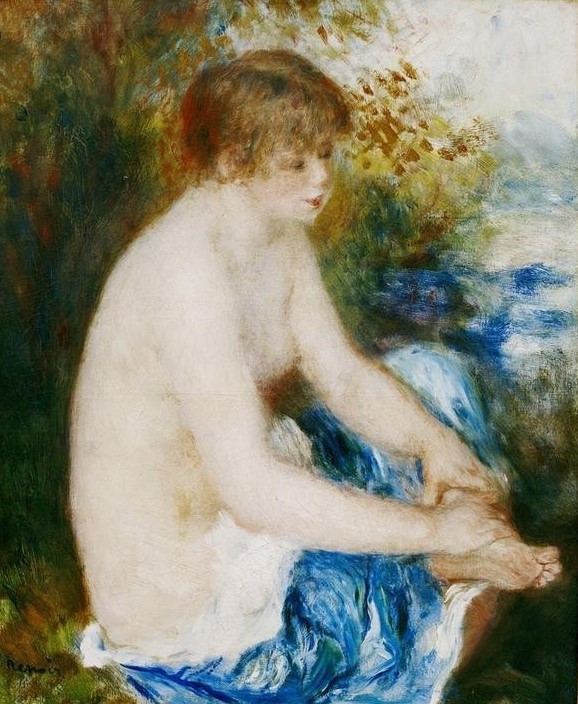 Pierre-Auguste Renoir, Petit nu bleu (Bad Im Freien,Bad,Frau,Maler (Künstler),Impressionismus,Akt,Französische Kunst,Halbakt,Sitzen,Junge Frau)