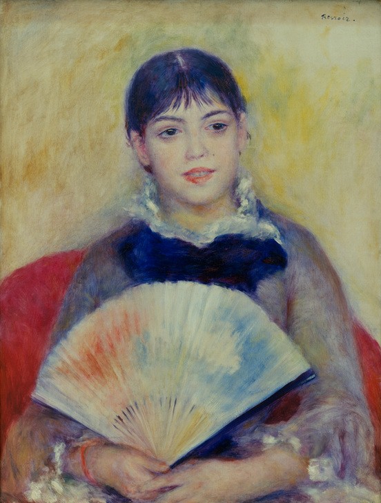 Pierre-Auguste Renoir, La femme à l’éventail (Damenmode,Fächer,Frau,Maler (Künstler),Mensch,Impressionismus,Portrait,Französische Kunst,Accessoires,Junge Frau,Halbfigur)