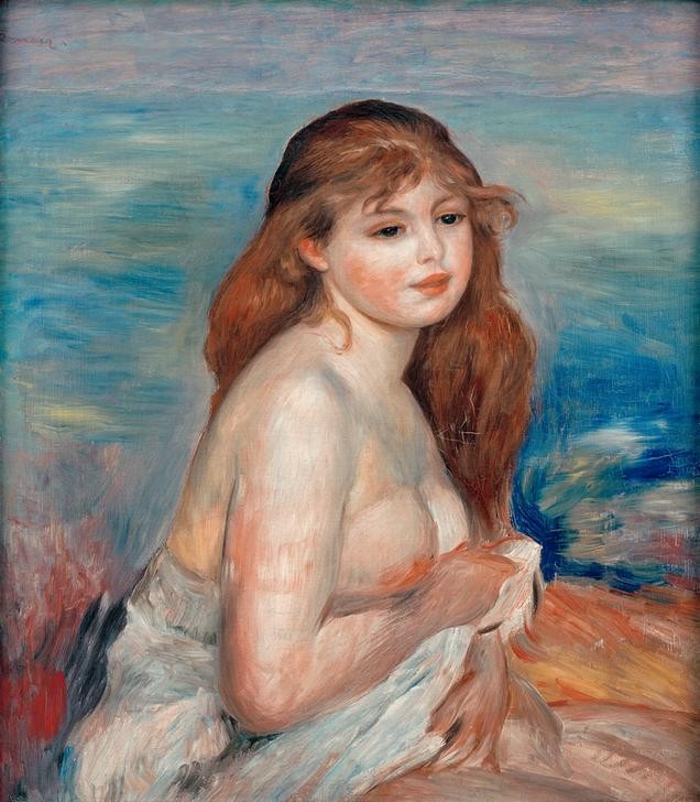Pierre-Auguste Renoir, Baigneuse (Bad Im Freien,Bad,Frau,Maler (Künstler),Impressionismus,Akt,Französische Kunst,Halbakt,Rote Haare,Langes Haar,Junge Frau)