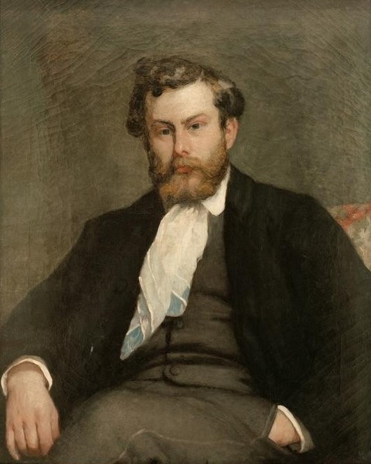Pierre-Auguste Renoir, Portrait du peintre Alfred Sisley (Künstler,Kunst,Maler (Künstler),Mann,Impressionismus,Bart,Portrait,Französische Kunst,Vollbart,Hände In Den Hosentaschen,Sitzen,Blick Aus Dem Bild,Kniestück,Halbprofil,Person)